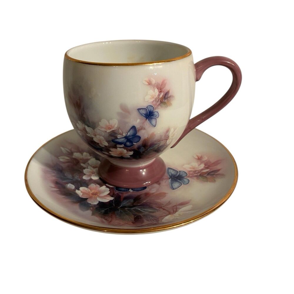 Lena Liu Blossoms and Butterflies Teacup and Saucer Set 1990s Fine Porcelain